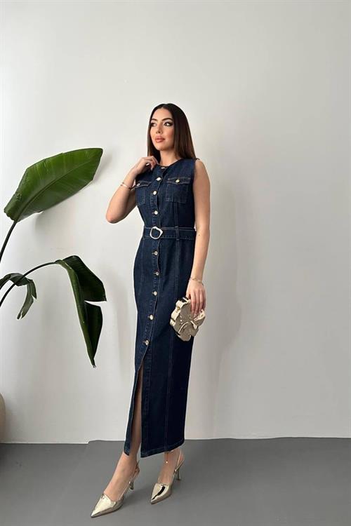Wholesale Navy Button-Up Denim Dress