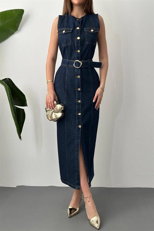 Wholesale Navy Button-Up Denim Dress
