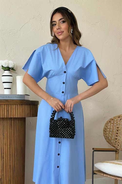 Toptan Mavi Düğmeli Midi Boy Poplin Elbise