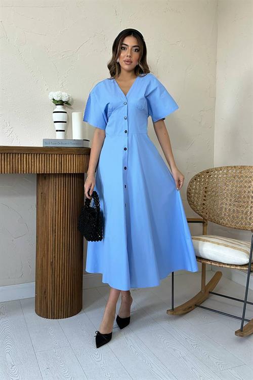 Toptan Mavi Düğmeli Midi Boy Poplin Elbise