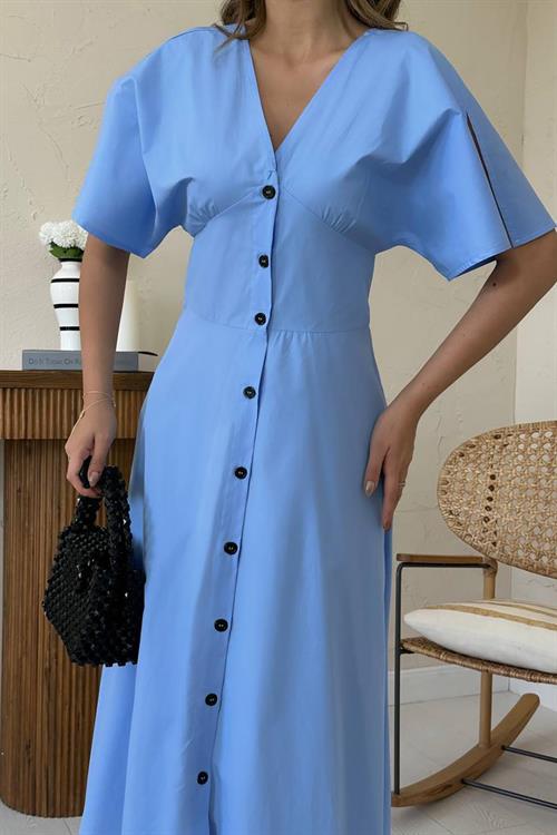 Toptan Mavi Düğmeli Midi Boy Poplin Elbise
