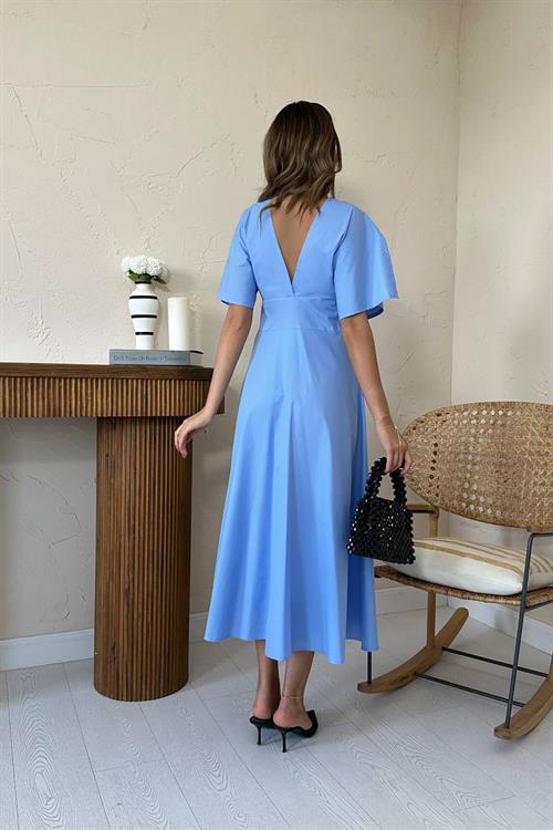 Toptan Mavi Düğmeli Midi Boy Poplin Elbise