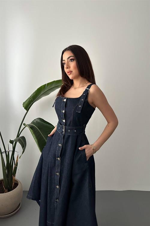 Wholesale Dark Navy Asymmetric Cut Denim Dress