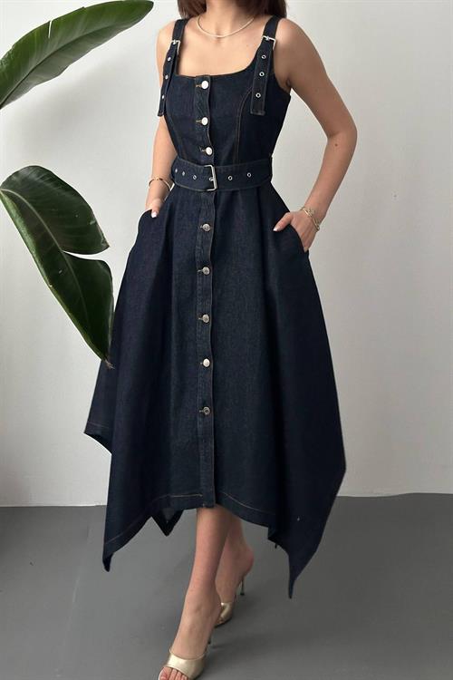 Wholesale Dark Navy Asymmetric Cut Denim Dress