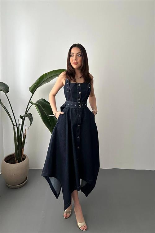 Wholesale Dark Navy Asymmetric Cut Denim Dress