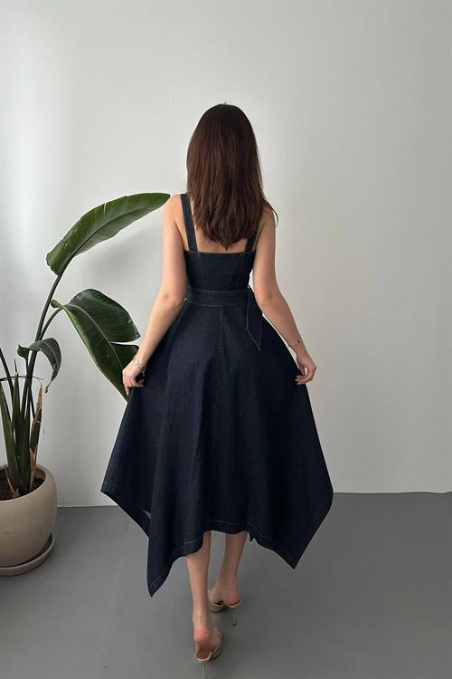 Wholesale Dark Navy Asymmetric Cut Denim Dress