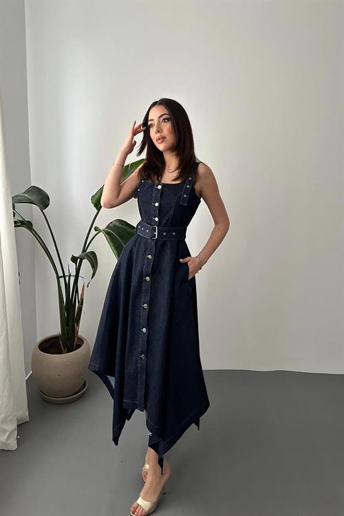 Wholesale Dark Navy Asymmetric Cut Denim Dress