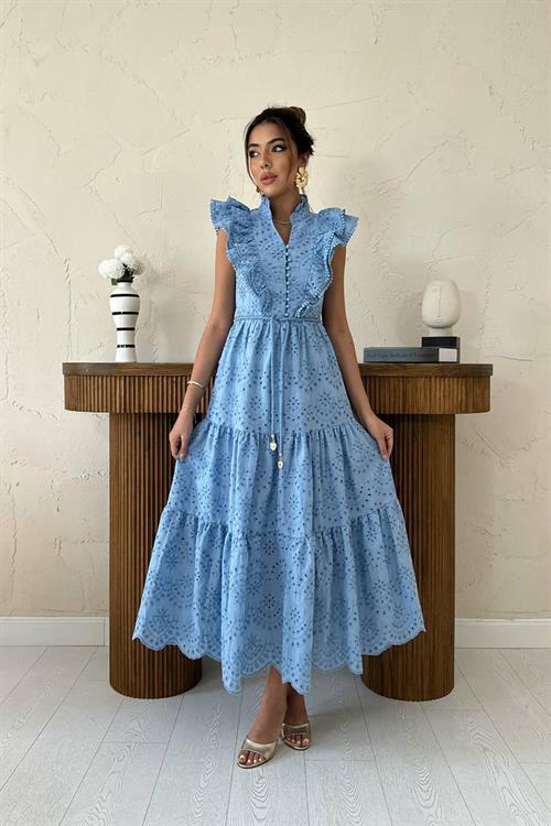 Wholesale Blue Ruffled Embroidered Dress