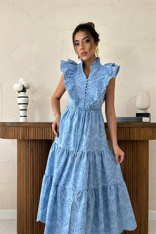 Wholesale Blue Ruffled Embroidered Dress