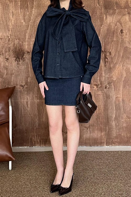 Toptan Mavi Fularlı Gömlekli Etek Takım