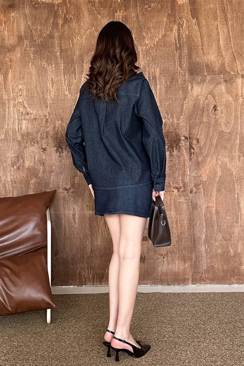 Toptan Mavi Fularlı Gömlekli Etek Takım