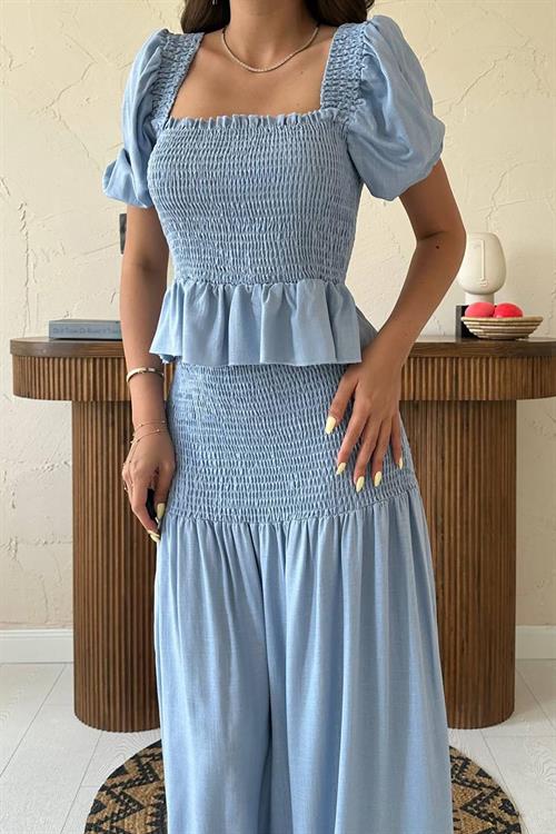 Wholesale Blue Smocked Linen Set