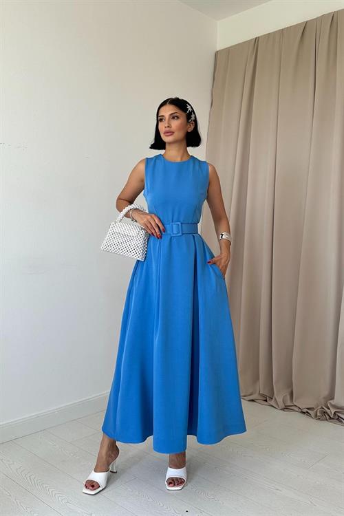 Toptan Mavi Halter Yaka Kloş Elbise
