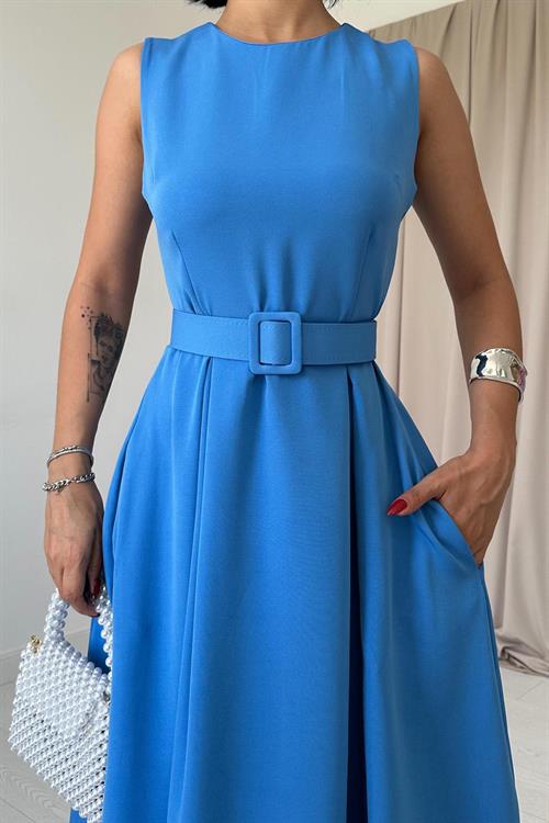 Toptan Mavi Halter Yaka Kloş Elbise