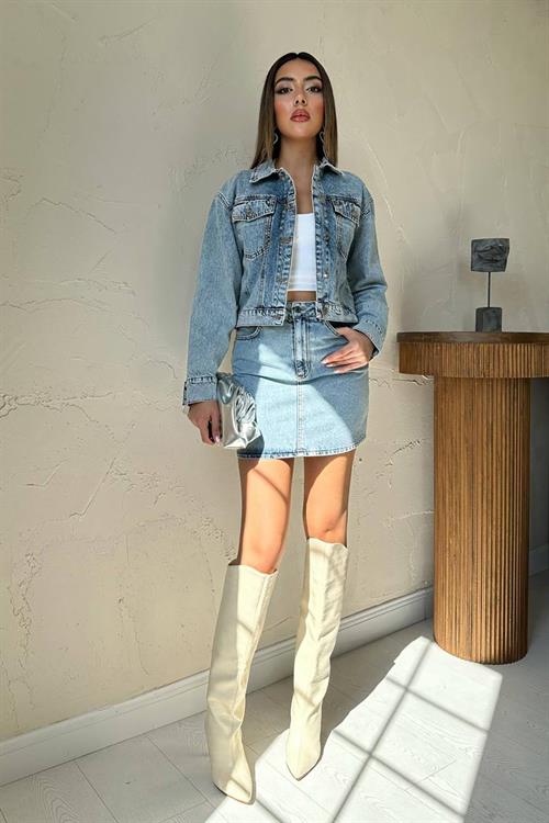 Wholesale Blue Denim Jacket and Skirt Set