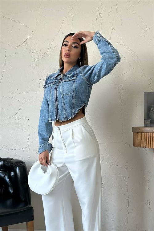 Wholesale Blue Denim Jacket with Corset Detail