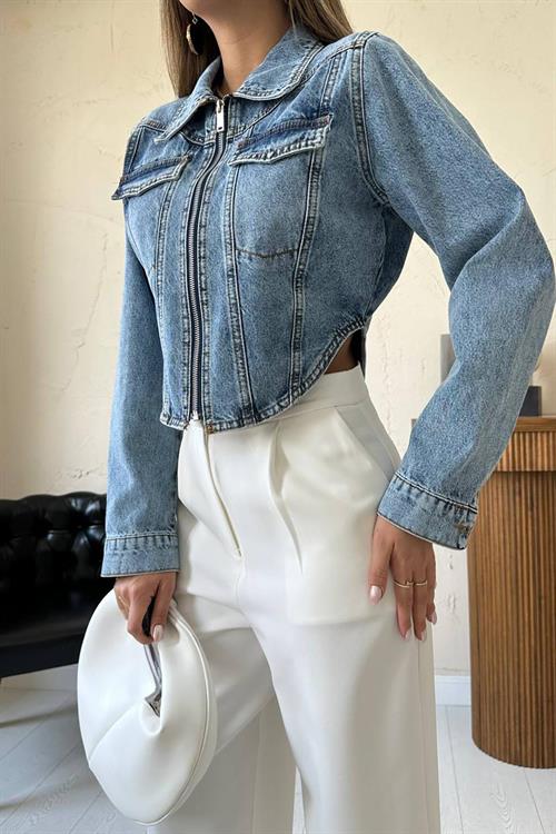 Wholesale Blue Denim Jacket with Corset Detail