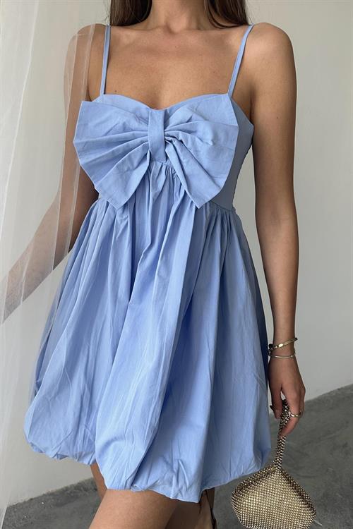 Toptan Mavi Önü Fiyonklu Askılı Elbise