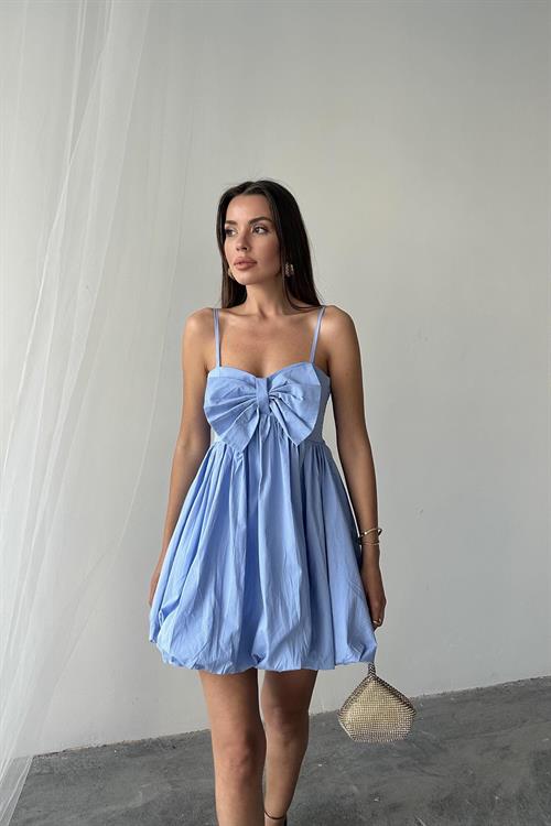 Toptan Mavi Önü Fiyonklu Askılı Elbise