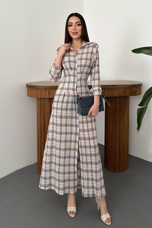 Wholesale Blue Pleated Plaid Dress