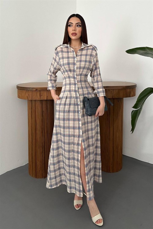 Wholesale Blue Pleated Plaid Dress