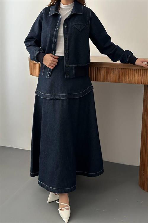 Wholesale Navy Denim Set with Ribbed Trim