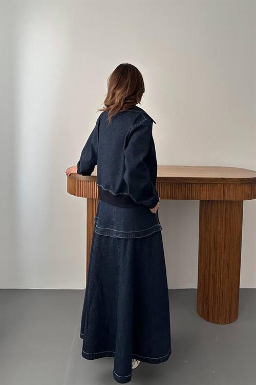 Wholesale Navy Denim Set with Ribbed Trim