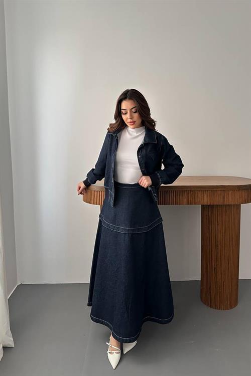 Wholesale Navy Denim Set with Ribbed Trim