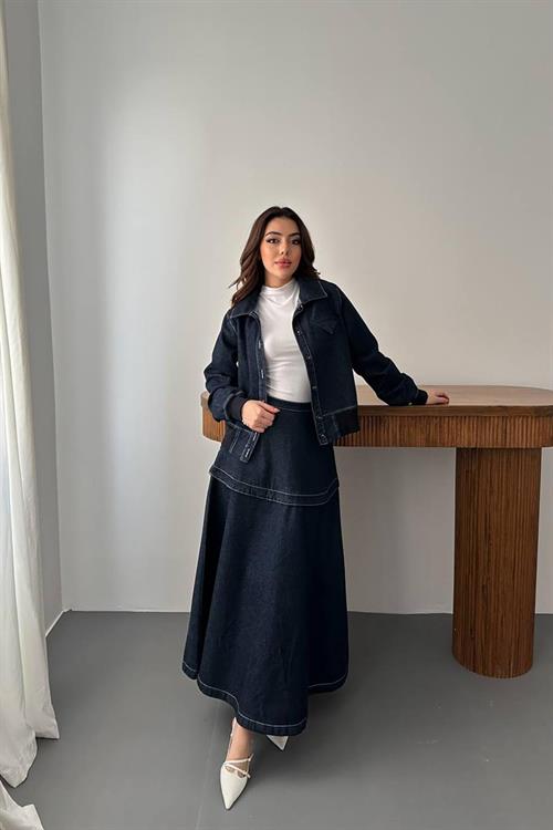 Wholesale Navy Denim Set with Ribbed Trim