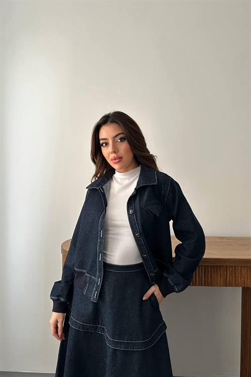 Wholesale Navy Denim Set with Ribbed Trim