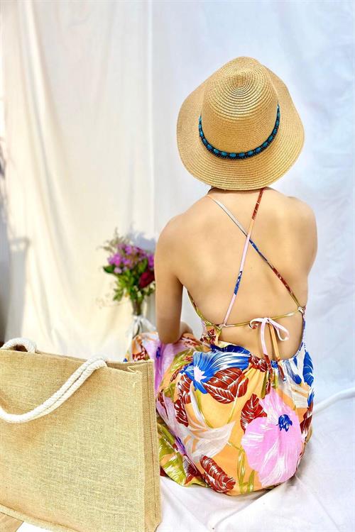 Toptan Mavi Sırt Dekolteli Keten Elbise