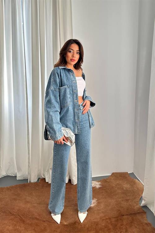 Wholesale Blue Rhinestone-Embellished Denim Shirt and Pants Set