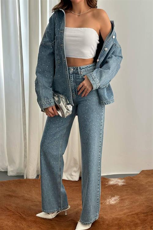 Wholesale Blue Rhinestone-Embellished Denim Shirt and Pants Set
