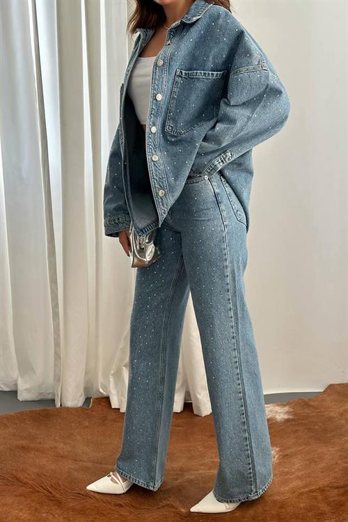 Wholesale Blue Rhinestone-Embellished Denim Shirt and Pants Set