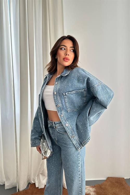 Wholesale Blue Rhinestone-Embellished Denim Shirt and Pants Set