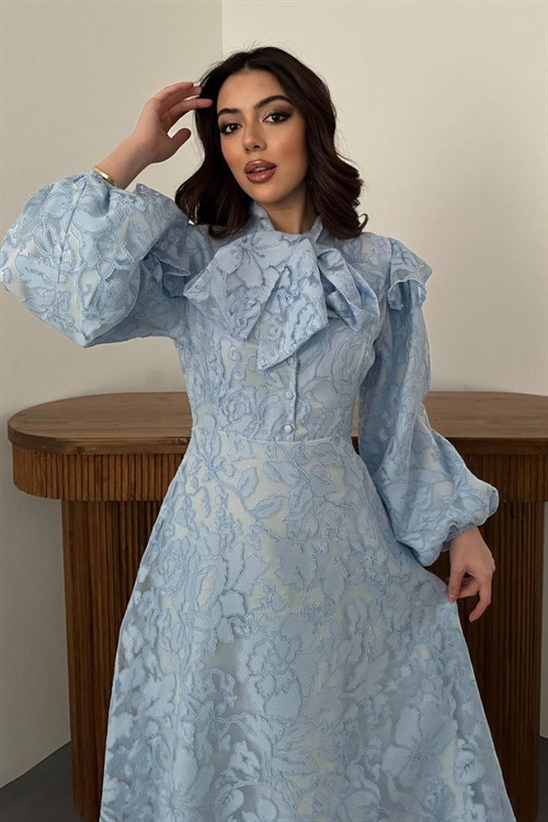 Wholesale Blue Tie-Neck Dress