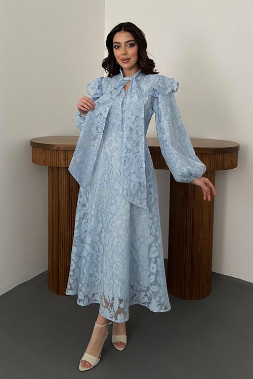 Wholesale Blue Tie-Neck Dress