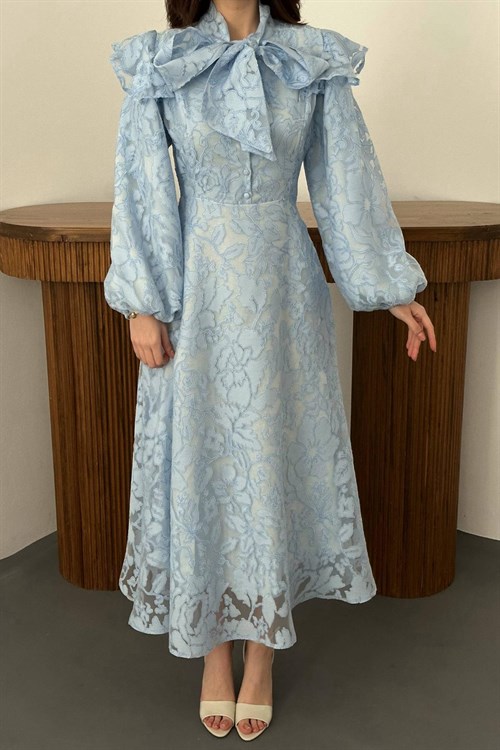 Wholesale Blue Tie-Neck Dress