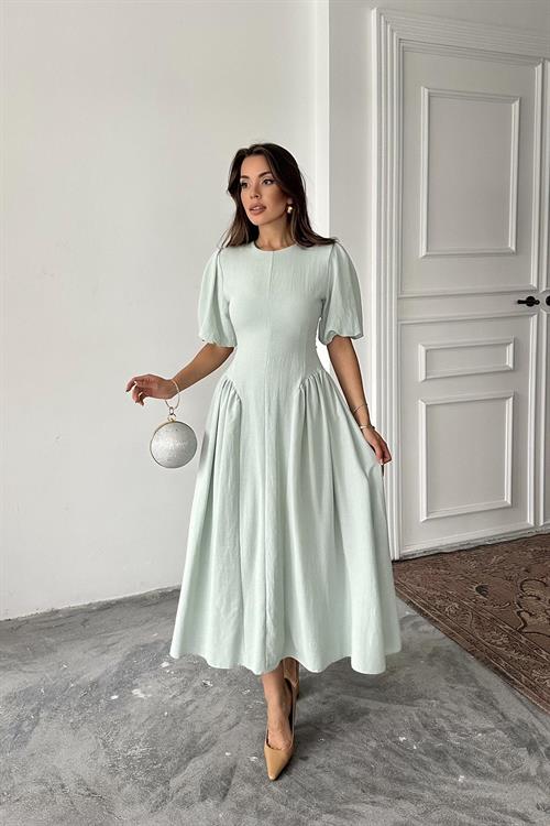 Toptan Mint Arkadan Bağlamalı Büzgülü Keten Elbise