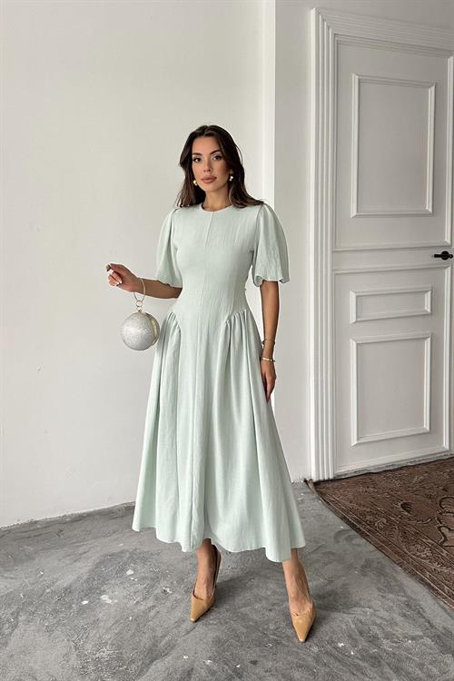 Toptan Mint Arkadan Bağlamalı Büzgülü Keten Elbise