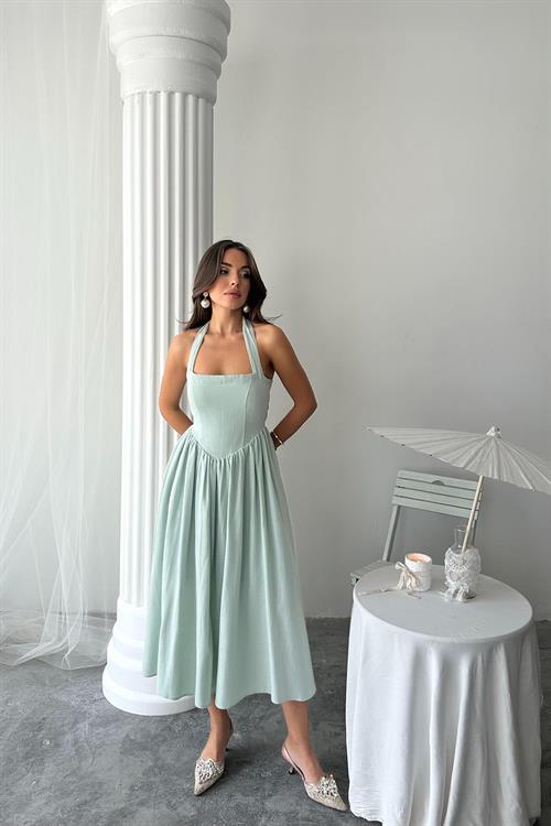 Toptan Mint Boyundan Bağlamalı Keten Elbise