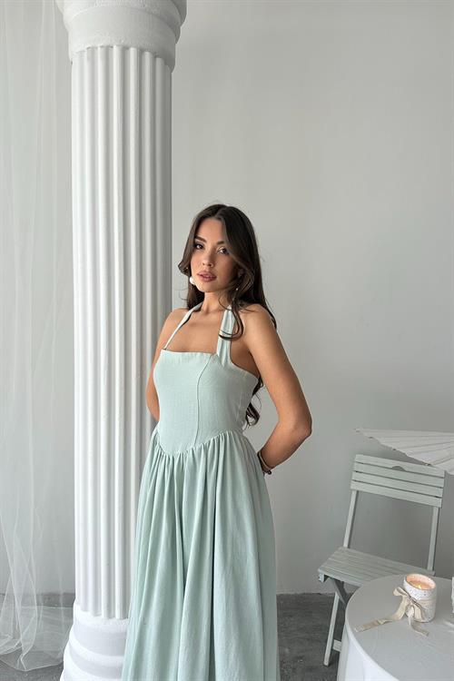 Toptan Mint Boyundan Bağlamalı Keten Elbise