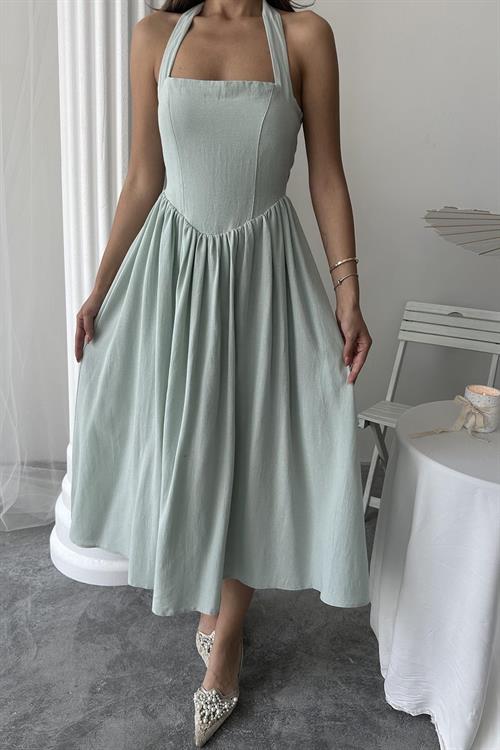 Toptan Mint Boyundan Bağlamalı Keten Elbise