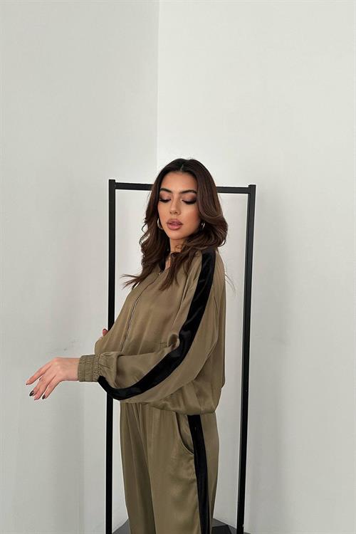 Wholesale Mint Satin Tracksuit Set with Velvet Side Stripes