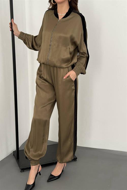 Wholesale Mint Satin Tracksuit Set with Velvet Side Stripes