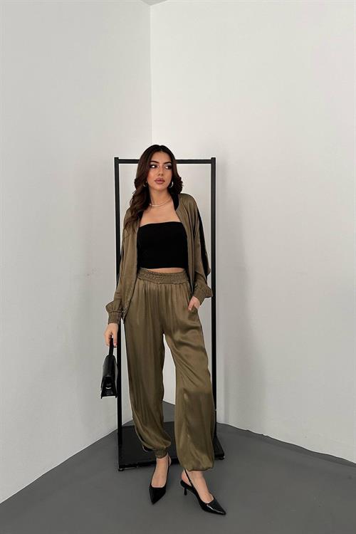 Wholesale Mint Satin Tracksuit Set with Velvet Side Stripes