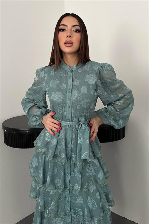 Toptan Mint Kat Kat Volanlı Elbise