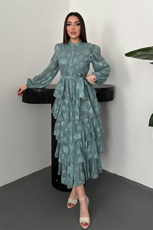 Toptan Mint Kat Kat Volanlı Elbise