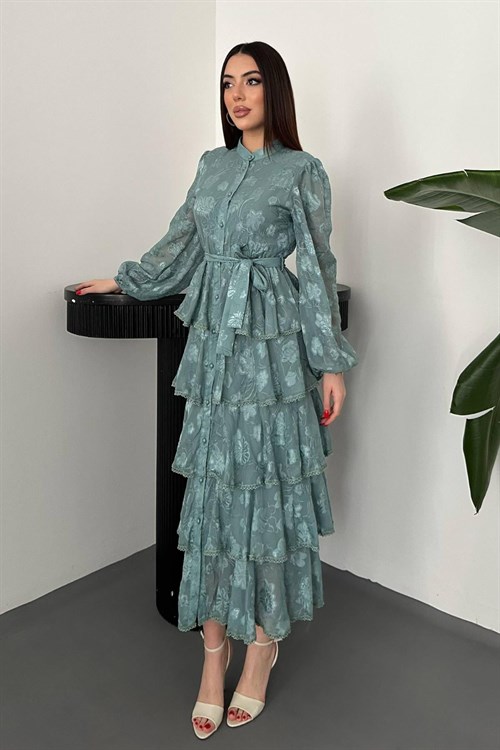 Toptan Mint Kat Kat Volanlı Elbise