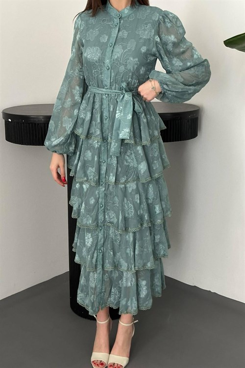 Toptan Mint Kat Kat Volanlı Elbise